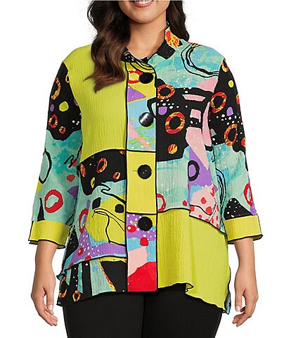 Ali Miles Plus Size Color Blocked Abstract Print Wire Collar 3/4 Sleeve Button Front Tunic