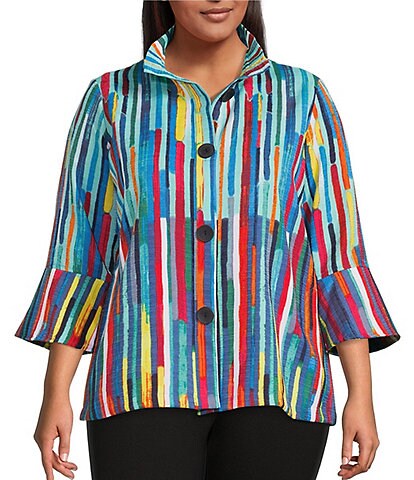 Ali Miles Plus Size Contrasting Multi Striped Print 3/4 Bell Sleeve Wire Collar Statement Jacket