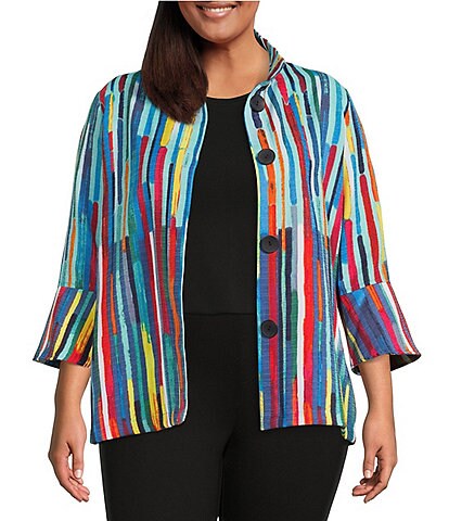 Ali Miles Plus Size Contrasting Multi Striped Print 3/4 Bell Sleeve Wire Collar Statement Jacket