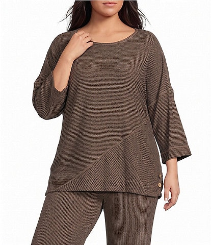 Ali Miles Plus Size Coordinating Knit Tan Dye Stripe Round Neck Long Sleeve Top
