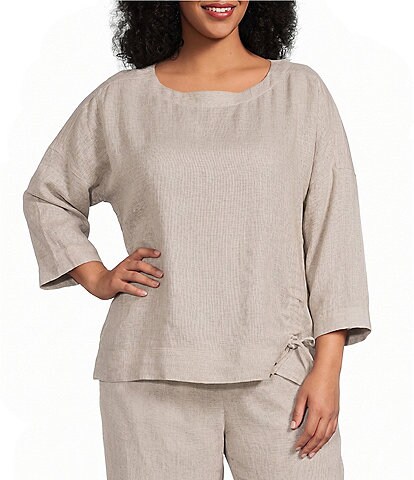 Ali Miles Plus Size Coordinating Round Neck 3/4 Sleeve Cinched Tie Front Hem Top
