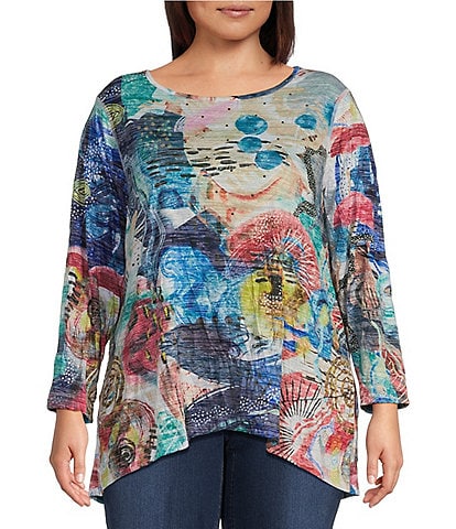 Ali Miles Plus Size Crinkle Burnout Knit Embellished Round Neck Long Sleeve Hi-Low Hem Tunic