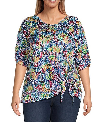 Ali Miles Plus Size Crinkle Knit Printed V-Neck Elbow Sleeve Side Tie Tunic