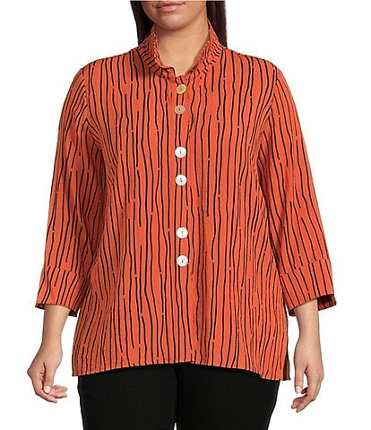Ali Miles Plus Size Crinkle Woven Abstract Stripe Wire Collar 3/4 Sleeve Button-Front Tunic