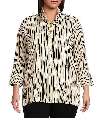 Ali Miles Plus Size Crinkle Woven Abstract Stripe Wire Collar 3/4 Sleeve Button-Front Tunic