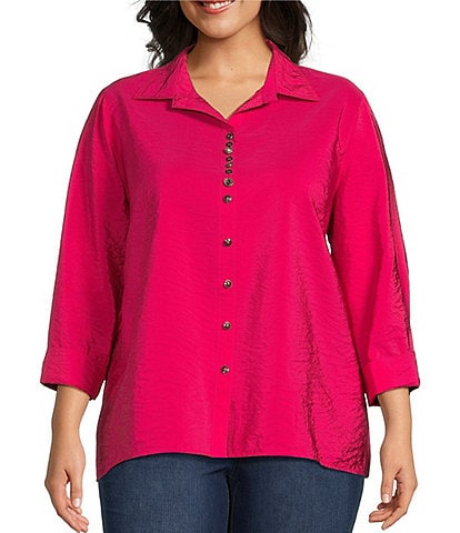 Ali Miles Plus Size Crinkled Woven Point Collar 3/4 Sleeve Curved Hem Button Front Top