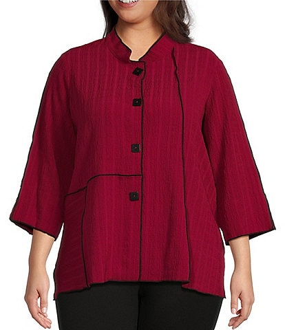 Ali Miles Plus Size Crinkled Woven Stand Collar 3/4 Sleeve Button-Front Tunic