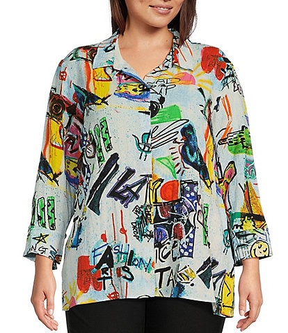 Ali Miles Plus Size Doodle Print Woven Point Collar 3/4 Sleeve Button-Front Tunic
