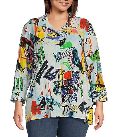 Ali Miles Plus Size Doodle Print Woven Point Collar 3/4 Sleeve Button-Front Tunic