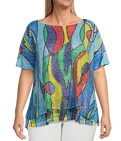 Ali Miles Plus Size Double Layer Woven Mesh Printed Crew Neck Short Sleeve Blouse