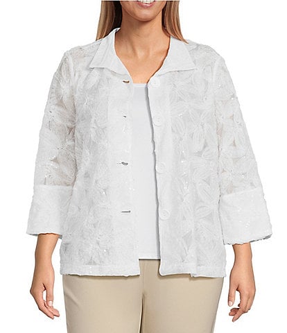 Ali Miles Plus Size Embroidered Wire Collar 3/4 Bell Sleeve Button-Front Jacket