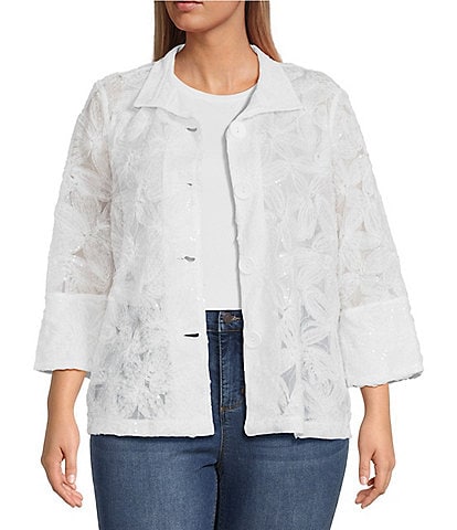 Ali Miles Plus Size Embroidered Wire Collar 3/4 Bell Sleeve Button-Front Jacket