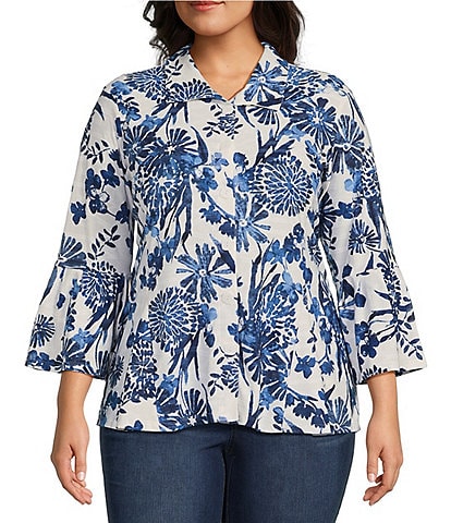 Ali Miles Plus Size Floral Print 3/4 Bell Cuff Sleeve Button Front Tunic