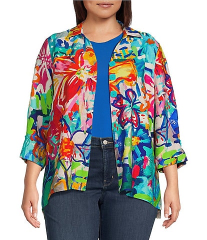 Ali Miles Plus Size Floral Print Point Collar 3/4 Sleeve High-Low Hem Button-Front Jacket