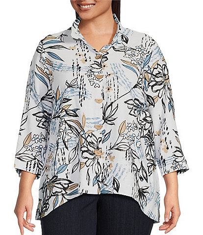 Ali Miles Plus Size Floral Print Woven Point Collar 3/4 Sleeve High-Low Hem Button-Front Tunic