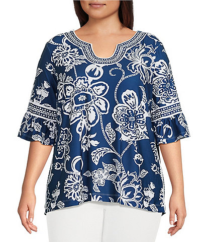 Ali Miles Plus Size Floral U-Shaped Neck Elbow Sleeve Tunic
