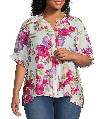 Ali Miles Plus Size Floral Y-Neck Elbow Ruffle Sleeve Button Front Tunic
