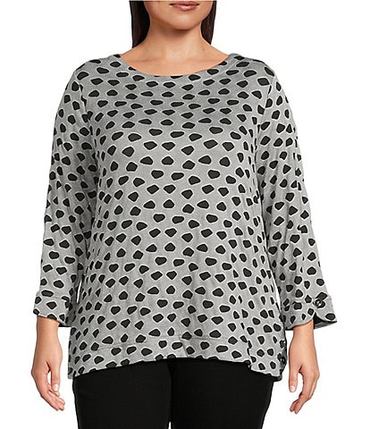 Ali Miles Plus Size Jacquard Knit Dotted Round Neck 3/4 Sleeve Tunic