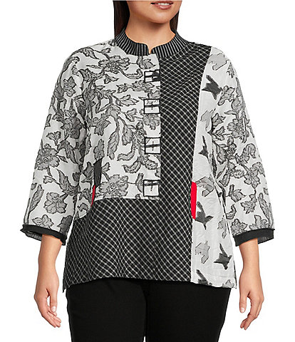 Ali Miles Plus Size Jacquard Multi Patch Print Stand Collar 3/4 Sleeve Button-Front Tunic
