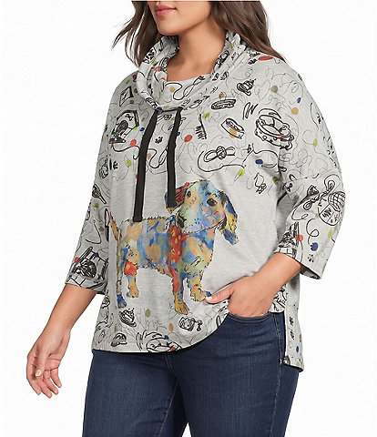 Ali Miles Plus Size Knit Abstract Dog Cowl Neck Drawstring Long Sleeve Pullover