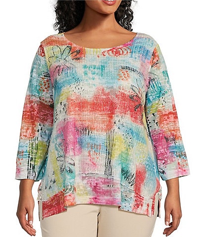 Ali Miles Plus Size Knit Abstract Print Round Neck 3/4 Sleeve Double Layered Popover Tunic