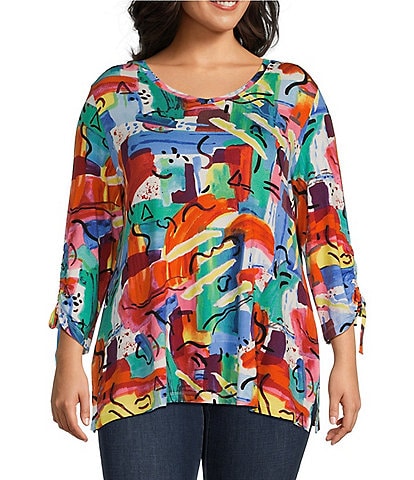 Ali Miles Plus Size Knit Abstract Print V Neck 3/4 Cinch Sleeve Curved Hem Pullover Tunic