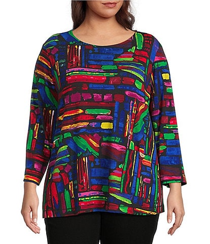 Ali Miles Plus Size Knit Brushstroke Print Round Neck 3/4 Sleeve Top
