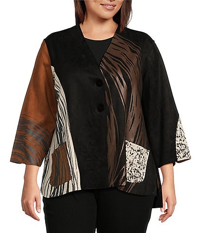 Ali Miles Plus Size Knit Faux Suede Abstract Patchwork Print Stand Collar Long Sleeve Button-Front Jacket