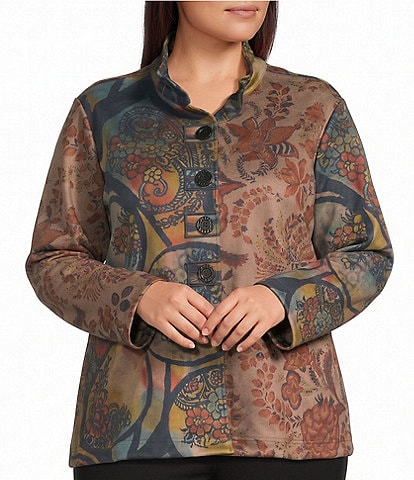 Ali Miles Plus Size Knit Floral Abstract Point Collar Long Sleeve Button Front Jacket