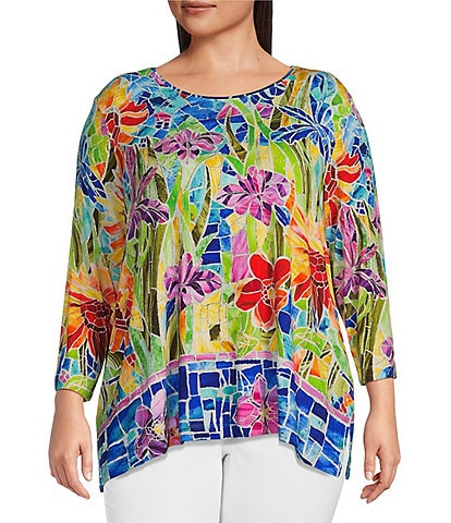 Ali Miles Plus Size Knit Floral Abstract Tile Print Scoop Neck 3/4 Sleeve Side Slit Tunic