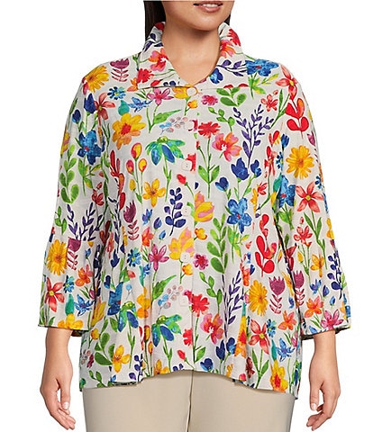 Ali Miles Plus Size Knit Floral Print Point Collar 3/4 Bell Sleeve Button-Front Tunic