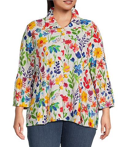 Ali Miles Plus Size Knit Floral Print Point Collar 3/4 Bell Sleeve Button-Front Tunic