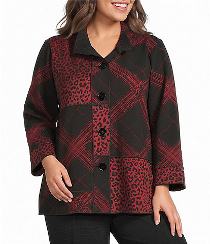 Ali Miles Plus Size Knit Jacquard Multi Abstract Wire Collar 3/4 Sleeve Button Front Shirt