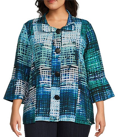 Ali Miles Plus Size Knit Mesh Abstract Print Stand Collar 3/4 Sleeve Button-Front Jacket