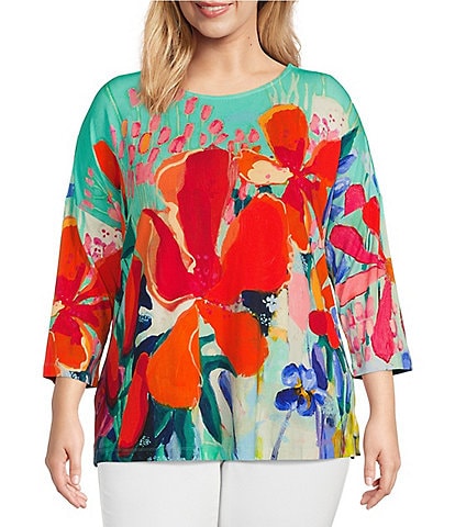 Ali Miles Plus Size Knit Painted Floral Print Round Neck 3/4 Dolman Sleeve Curved Hem Tunic