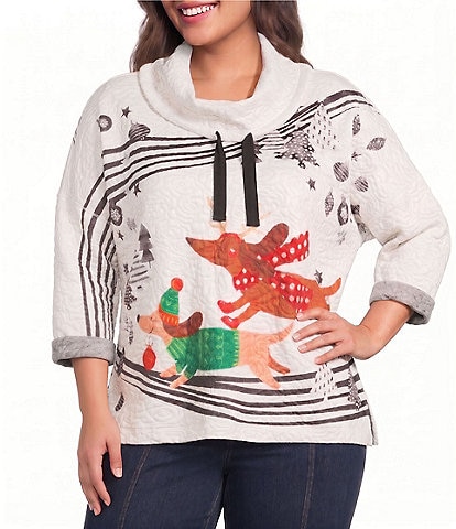 Ali Miles Plus Size Knit Quilt Placed Animal Print Cowl Collar 3/4 Sleeve Front Drawstring Top