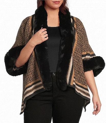 Ali Miles Plus Size Knit Texture Stripe Border Plush Trim Open Front 3/4 Sleeve Sweater Jacket