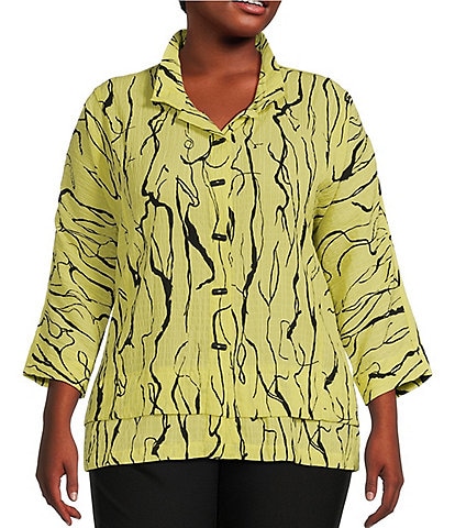 Ali Miles Plus Size Line Abstract Print Woven Wire Collar 3/4 Sleeve Button-Front Tunic