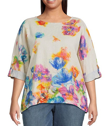 Ali Miles Plus Size Linen Blend Multi Floral Round Neck 3/4 Dolman Roll-Tab Sleeve Tunic