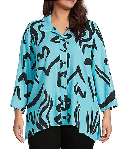 Ali Miles Plus Size Linen Blend Printed Point Collar 3/4 Sleeve Button Front Tunic