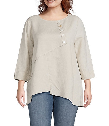 Ali Miles Plus Size Linen Blend V-Neck 3/4 Sleeve Asymmetrical Button Detail Tunic