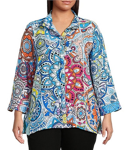 Ali Miles Plus Size Medallion Print Wire Collar 3/4 Sleeves Button Front Tunic