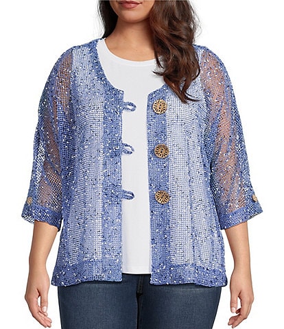 Ali Miles Plus Size Mesh Woven V-Neck Elbow Sleeve Jacket