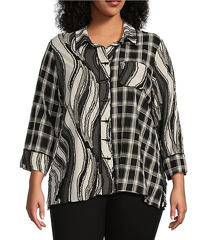 Ali Miles Plus Size Mixed Knit Woven Print Point Collar 3/4 Sleeve Hi-Low Hem Button-Front Tunic