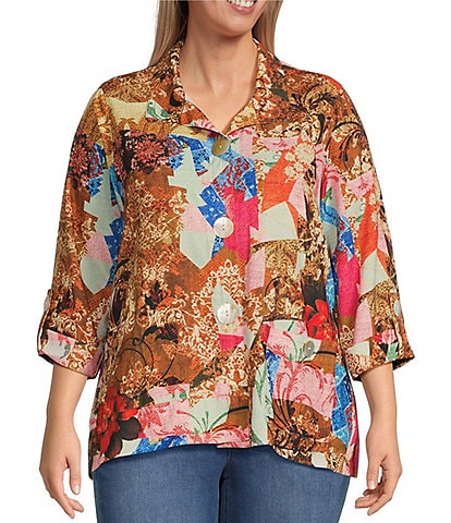 Ali Miles Plus Size Multi Abstract Print Wire Collar 3/4 Cuffed Sleeve Button Front Woven Tunic