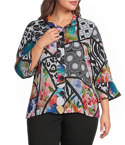 Ali Miles Plus Size Multi Abstract Wire Collar 3/4 Sleeve Button Front Jacket