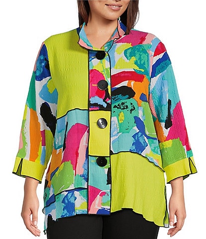 Ali Miles Plus Size Multi Patchwork Print Woven Wire Collar 3/4 Sleeve Button-Front Tunic