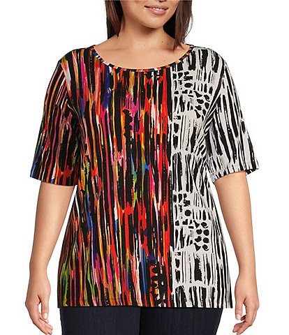 Ali Miles Plus Size Multiple Stripe Print Round Neck Short Sleeve Knit Tunic