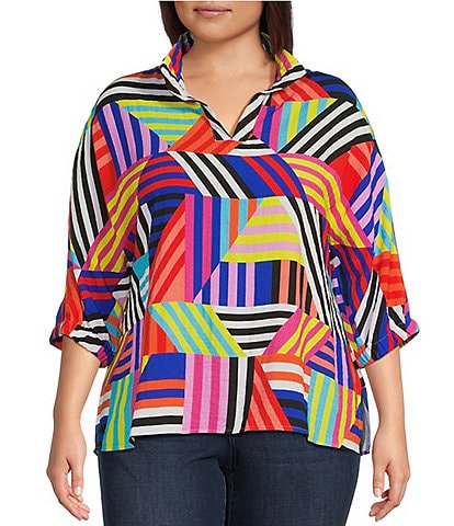 Ali Miles Plus Size Multiple Stripe Print Woven Split V-Neck 3/4 Sleeve Pop Over Tunic