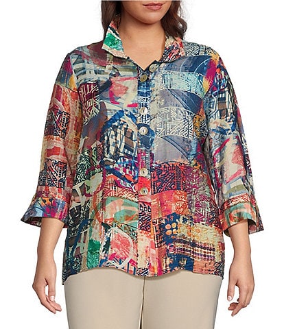Ali Miles Plus Size Patchwork Print Wire Collar 3/4 Sleeve Button-Front Tunic